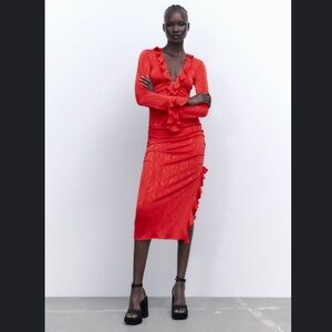 Zara Jacquard Ruffled Dress Red Small